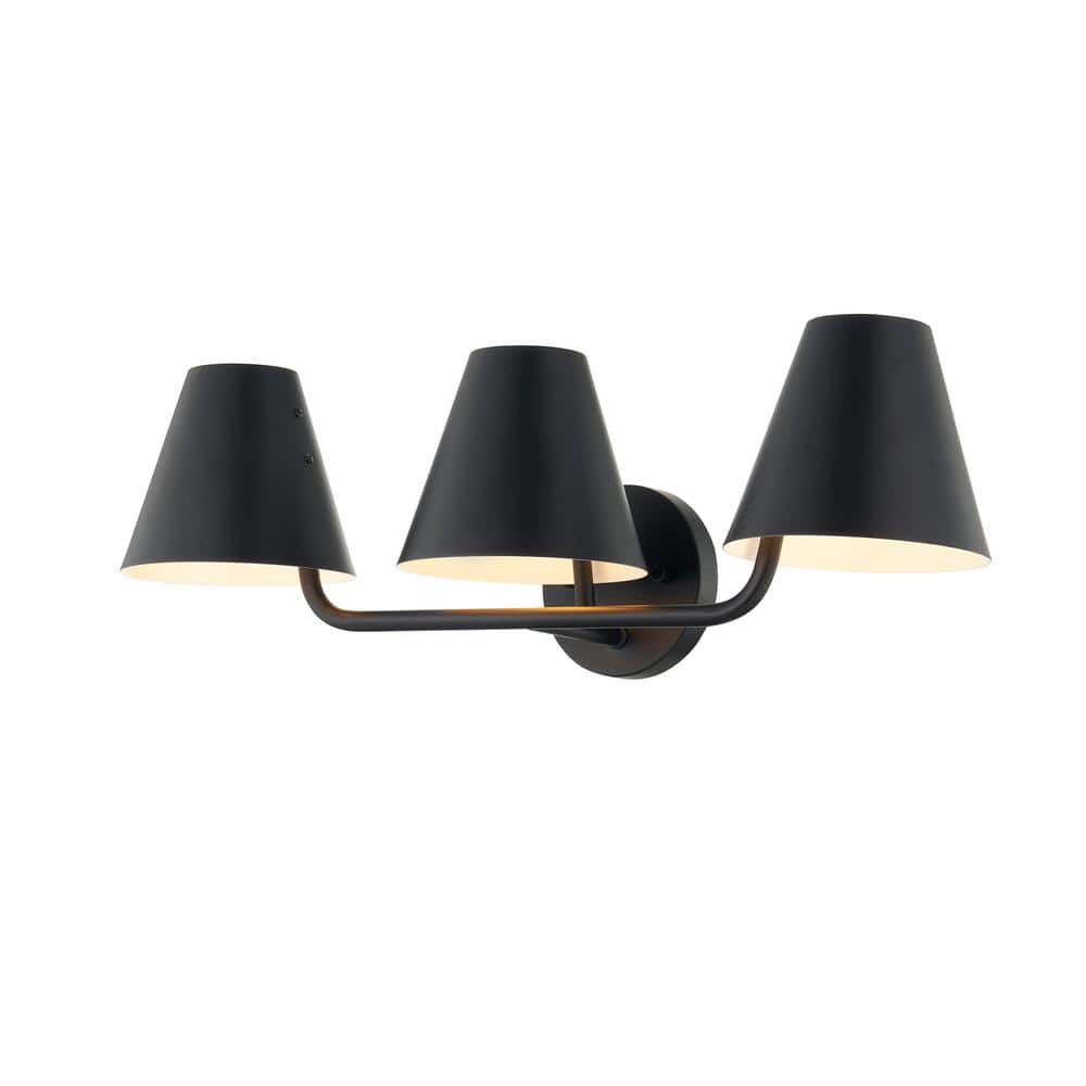 Whitney 7.5 in. 3 Light Matte Black Vanity Light with Black Metal Shade