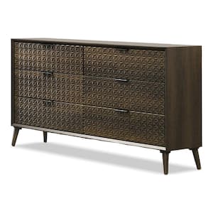 Thease Dark Brown 6-Drawer 61 in. Dresser with Textured Drawer Front Panels and Tapered Legs