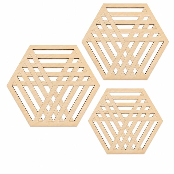 Wood Hexagon Trivet Set for Hot Dishes, Decorative Table and Countertop Protection, 3 Pack