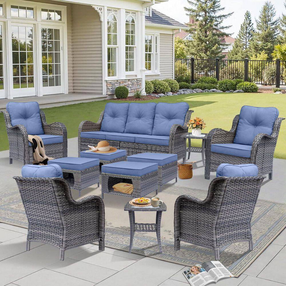 Gray 11-Piece Wicker Patio Conversation Set Outdoor Rattan Sofa Seating Ottomans and Side Table with Denim Blue Cushions price history on PriceWatchPro
