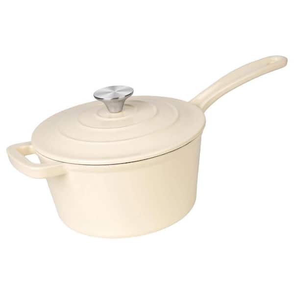 2 qt. Enameled Cast Iron Nonstick Sauce Pan with Lid Cream White Stock Pot for Cooking and Serving 1-Piece