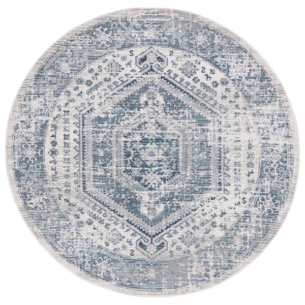 SAFAVIEH Madison Blue/Ivory 7 ft. x 7 ft. Border Floral Medallion Persian Round Area Rug