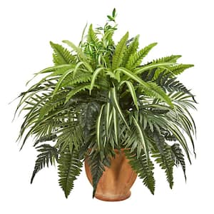 Indoor 23 Mixed Greens and Fern Artificial Plant in Terra Cotta Planter
