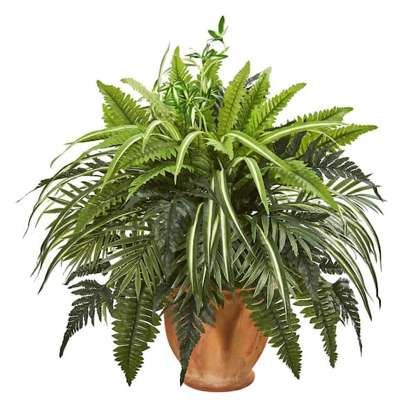 Nearly Natural Indoor 23 Mixed Greens and Fern Artificial Plant in Terra Cotta Planter