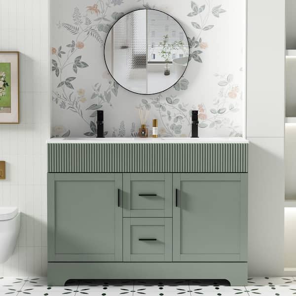 48 in. W. x 18.3 in. D x 34 in. H Double Sink Freestanding Bath Vanity in Green with White Resin Top Drain Faucet Set