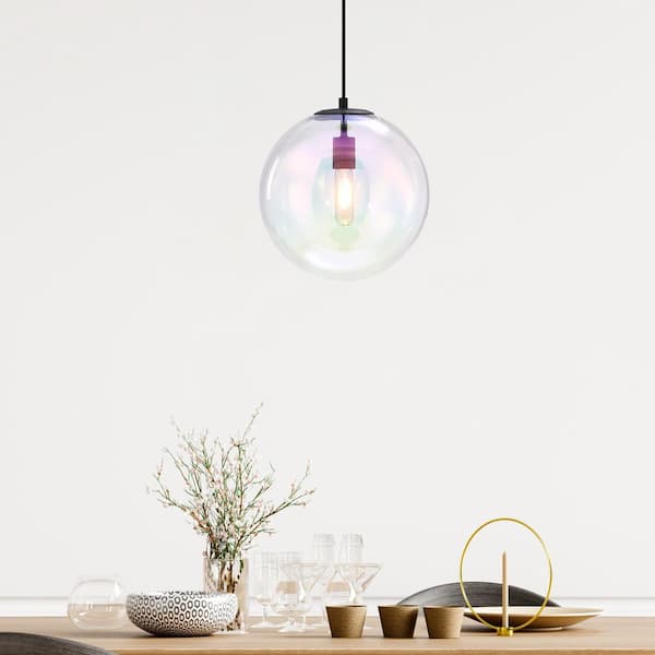Lena 60-Watt 1-Light Matte Black Mid-century Pendant Light with Clear Iridescent Glass Shade, No Bulbs Included