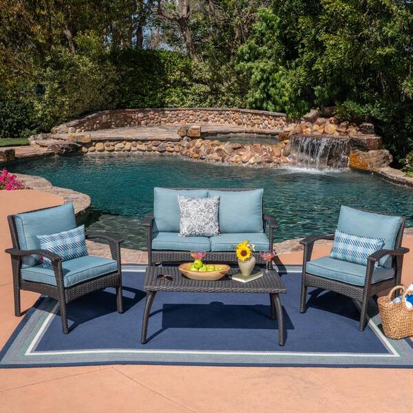 Noble House 4-Piece Wicker Patio Seating Set with Teal Cushions