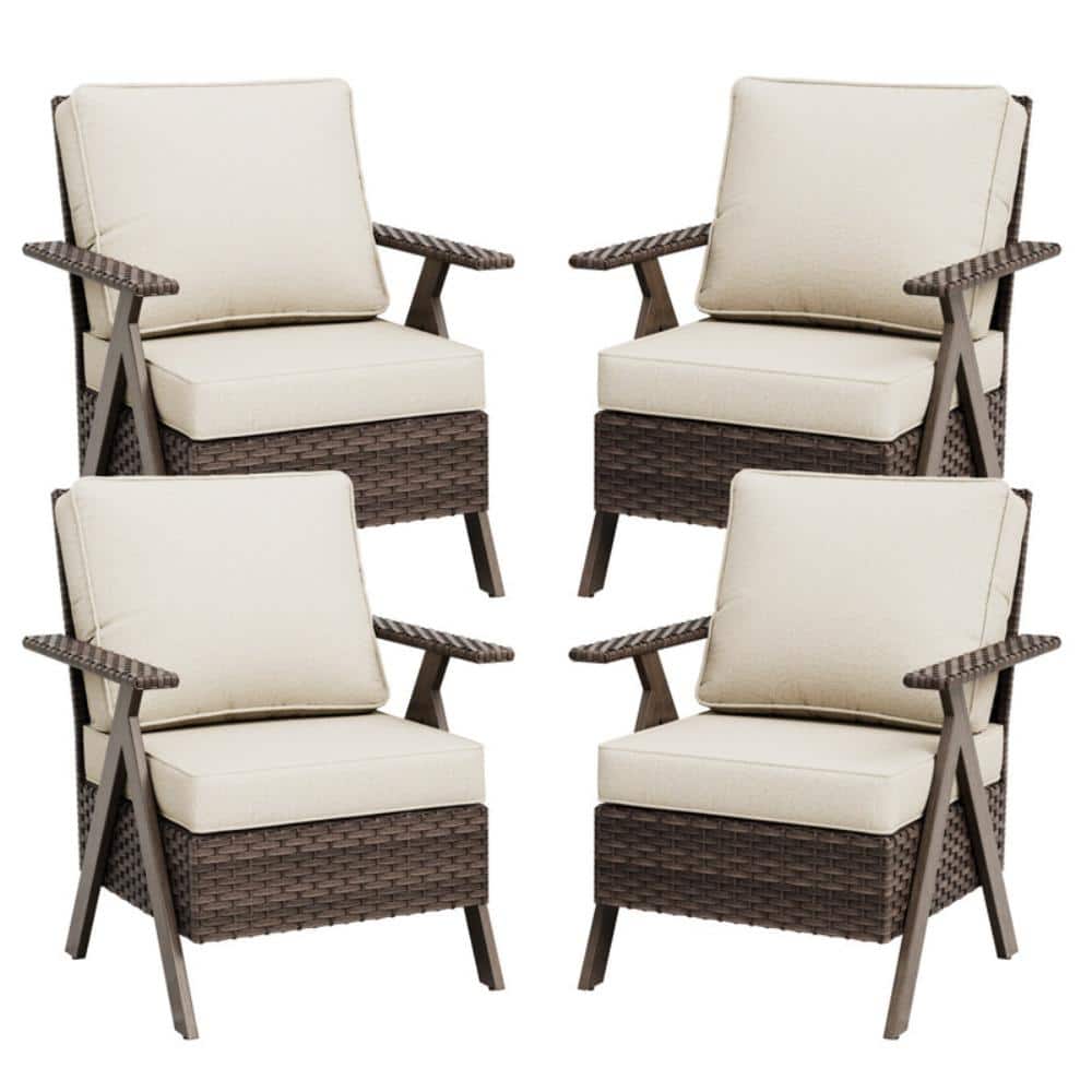 Outdoor Patio Brown Wicker Lounge Chair, All-Weather Wicker Armchair with R-Shaped Armrest and Beige Cushions (4-Piece) price history on PriceWatchPro