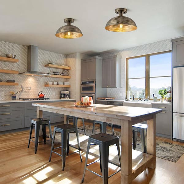 LLHZSY 12.2 in. 1-Light Farmhouse Antique Brass Semi-Flush Mount Ceiling Light with Dome Shade for Kitchen Island