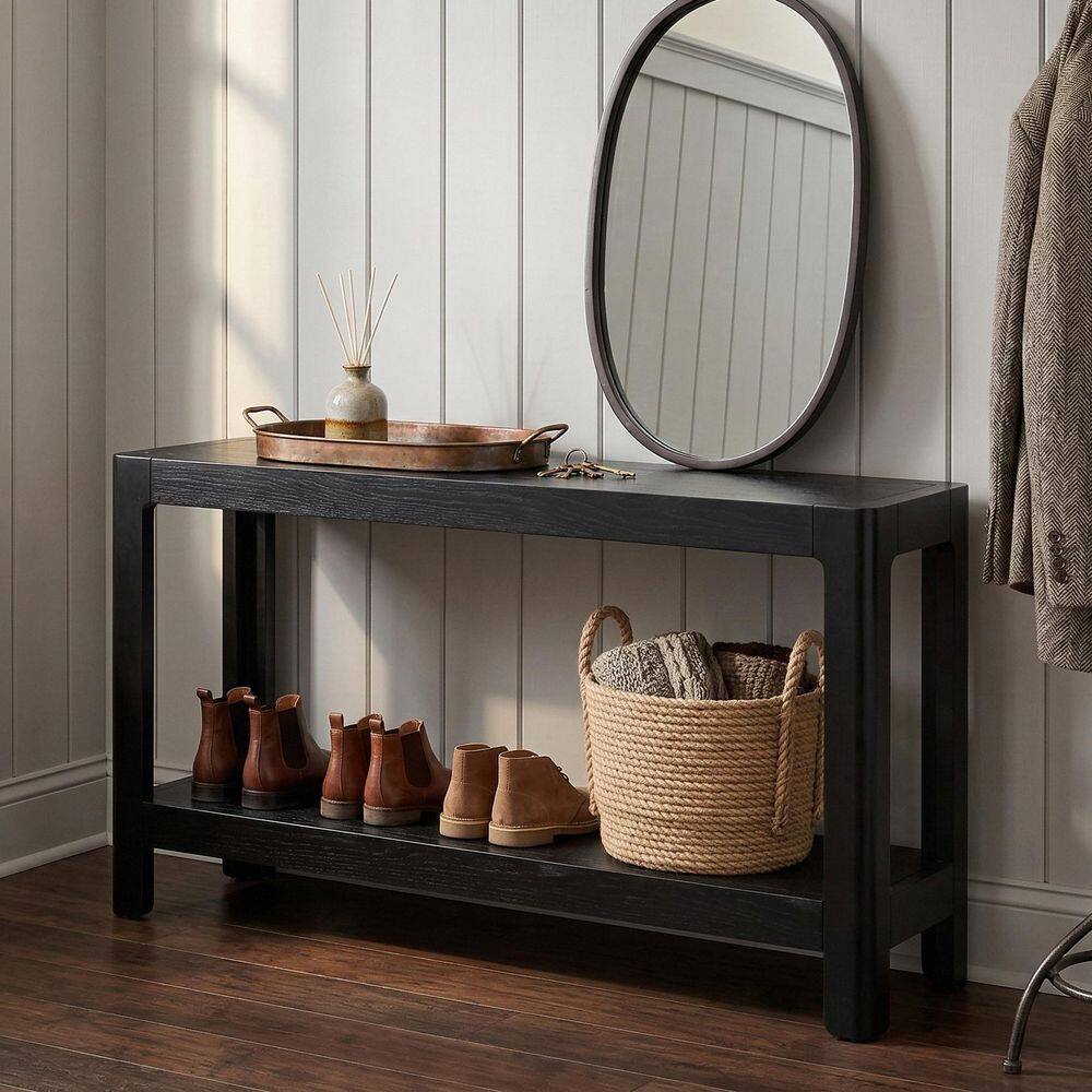 59 in. Black Rectangle Wood Console Table with Premium Wood Veneer and Rounded Corners price history on PriceWatchPro