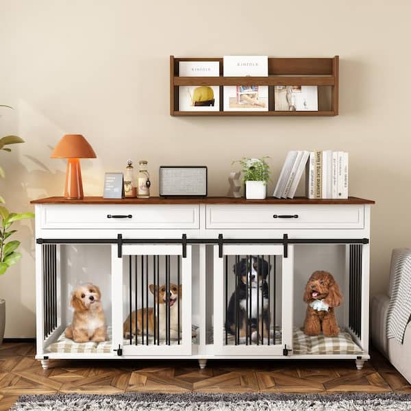 FUFU&GAGA Large Dog Crate Furniture with 2 Drawers, Wooden Double Dog Crate Kennel Furniture with Sliding Door, Removable Irons