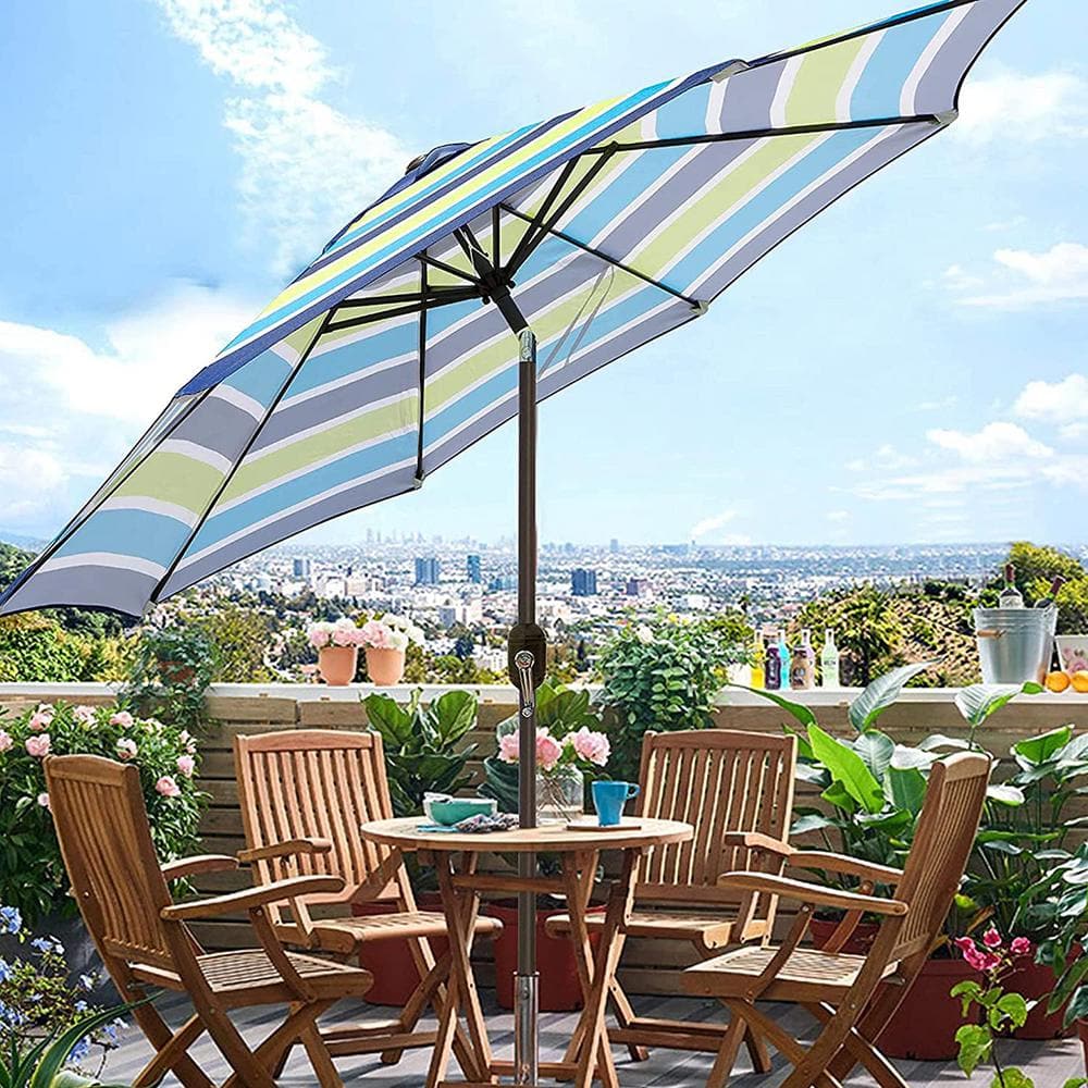 9 ft. Blue and Green Striped Outdoor Patio Umbrella with Tilt and Crank