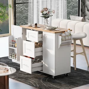 White Rubber Wood Kitchen Cart with Door Internal Rack, 2 Slide-Out Shelves, 3-Drawer, Spice Tower Rack, 5 Wheels