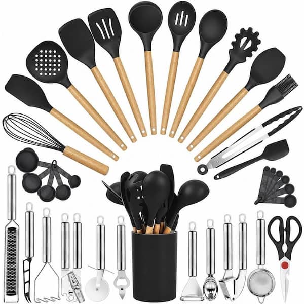 35-Piece Black Heat Resistant Food Grade Silicone and Wooden Handles Cooking Utensils Set for Nonstick Cookware