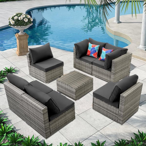 Runesay 7-Piece Gray Wicker Outdoor Sectional Set Patio Conversation Set Coffee Table Gray Cushions Lawn, Backyard