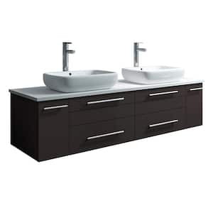 Lucera 60 in. W Wall Hung Bath Vanity in Espresso with Quartz Stone Vanity Top in White with White Basins