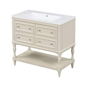 36 in. W x 18 in. D x 34 in H Single Sink Freestanding Bath Vanity Cabinet in Beige with White Resin Top Undermount Sink