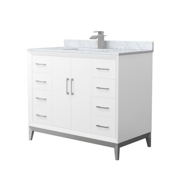 Wyndham Collection Amici 42 in. W x 22 in. D x 35.25 in. H Single Bath Vanity in White w/ Brushed Nickel Trim with White Carrara Marble Top