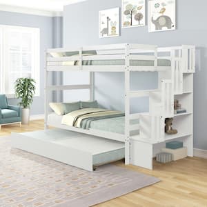 White Twin Over Twin Bunk Bed with Twin Size Trundle, Staircase and Guardrails, Can be Divided into 3 Individual Beds