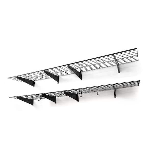 96 in. W x 18 in. D Black Metal Garage Wall Shelf, Wall Mounted Garage Shelves with 2 Bike Hooks, (Pack of 4)