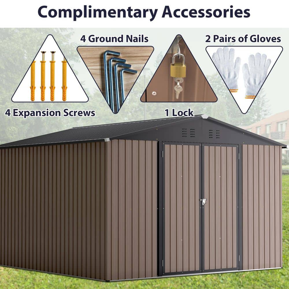 10' x 10' Brown Metal Garden Storage Shed with Double Doors