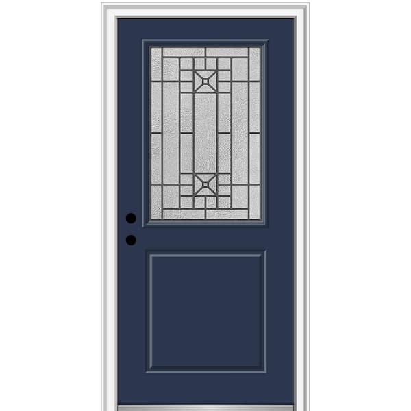 MMI DOOR Courtyard 36 in. x 80 in. Right-Hand 1/2 Lite Decorative Blue Fiberglass Smooth Prehung Front Door on 4-9/16 in. Frame