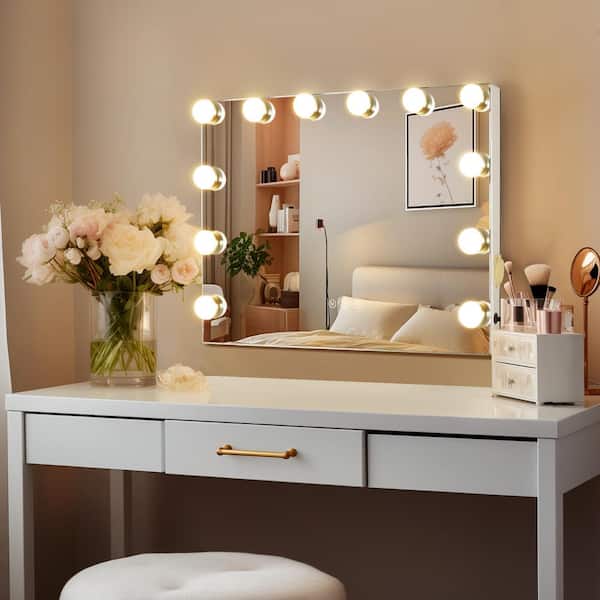 GQB Lighted Makeup Vanity Hollywood Mirror with 3 Color Lights Dimmable LED Bulbs with 10X Magnification