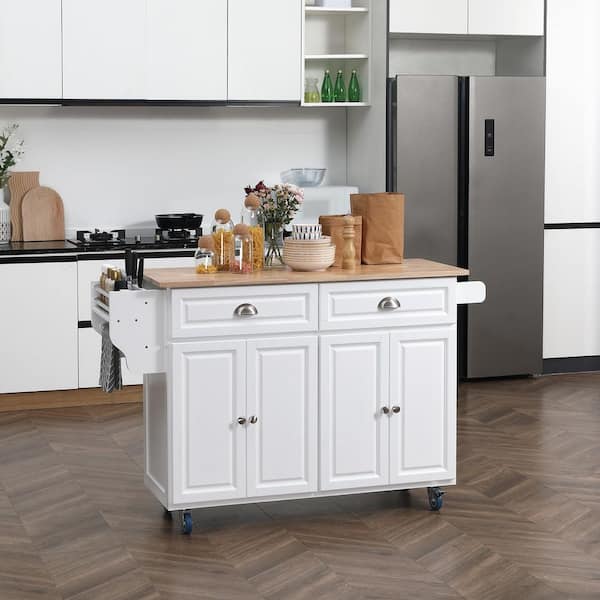 White Nature Wood Top 29.25 in. Kitchen Island with Drop Leaf Breakfast Bar Storage Drawers 4-Door Cabinets Spice Rack