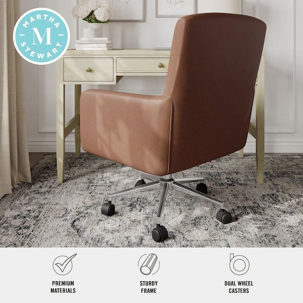 MARTHA STEWART Zaya Faux Leather Swivel Office Chair in Saddle