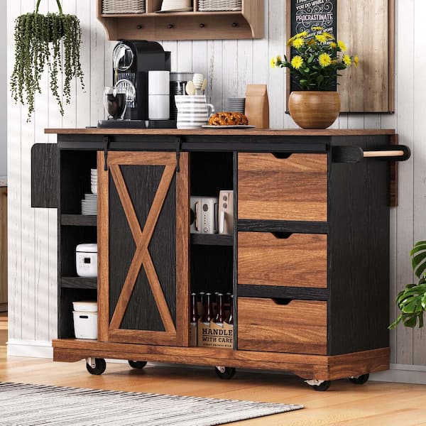 Outdoor Patio Wood Bar, Kitchen Island, Home Rolling Bar Cart Farmhouse Grill Table with Barn Door, Power Outlet, Black