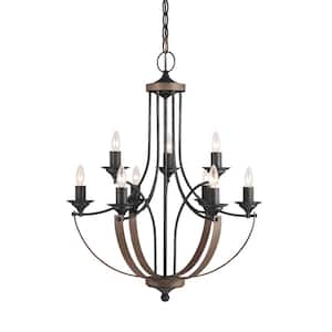 Corbeille 9-Light Weathered Gray and Distressed Oak Empire Candlestick Chandelier with Dimmable Candelabra LED Bulbs