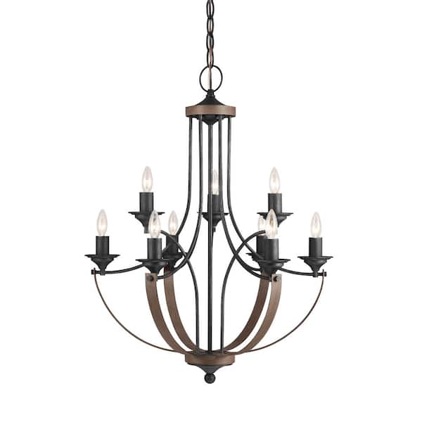 Generation Lighting Corbeille 9-Light Weathered Gray and Distressed Oak Empire Candlestick Chandelier with Dimmable Candelabra LED Bulbs
