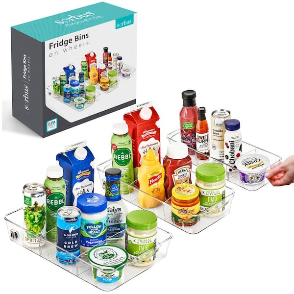 3 Variety Sizes Clear Roll Out Fridge Organizers with Dividers and Handles, 9" L x 14" W x 3" H Fridge Storage on Wheels