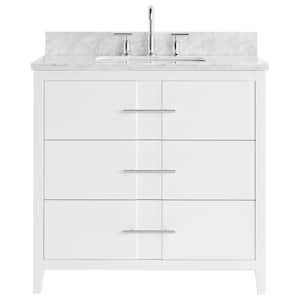 Emblem 36 in. W x 21 in. D x 34 in. H Single Sink Bath Vanity in White with Carrara Marble Top and Ceramic Basin