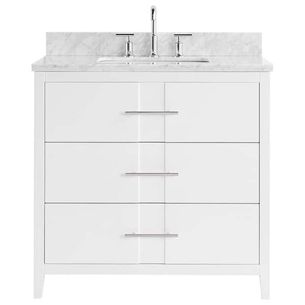 CHAMELEON CONCEPTS Emblem 36 in. W x 21 in. D x 34 in. H Single Sink Bath Vanity in White with Carrara Marble Top and Ceramic Basin