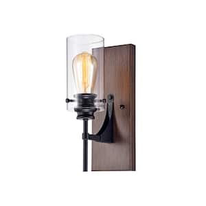 Stravo 1-Light Black Metal Wall Sconce with Clear Glass Cylinder Shade