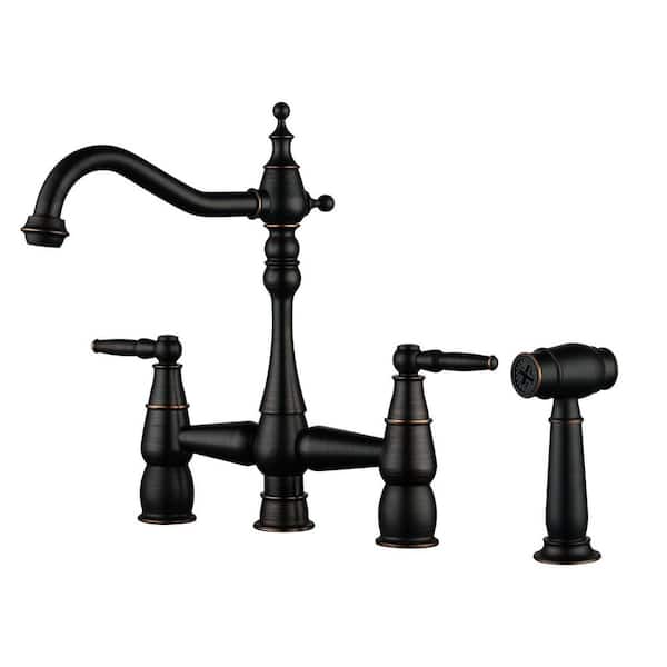 4 Hole Double Handle Bridge Kitchen Faucet with Side Sprayer Deck Mount in Oil Rubbed Bronze