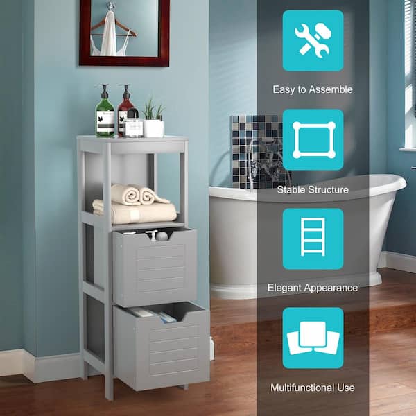 Costway Gray Wooden Floor Accent Cabinet with 2-Drawers QD Costway Gray Wooden Floor Accent Cabinet with 2-Drawers QD