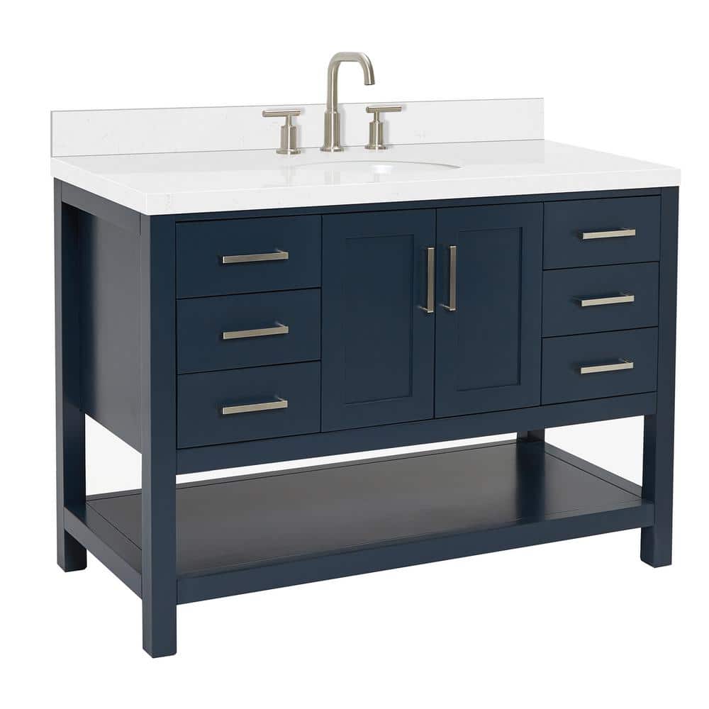 Midnight Blue Solid Wood Freestanding Single Bathroom Vanity with Quartz Top