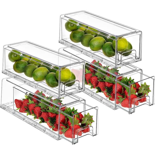 Clear Stackable Fridge Drawer Bins-Pull Out Refrigerator Organizer Containers for Kitchen Storage (4 Pack : Narrow)