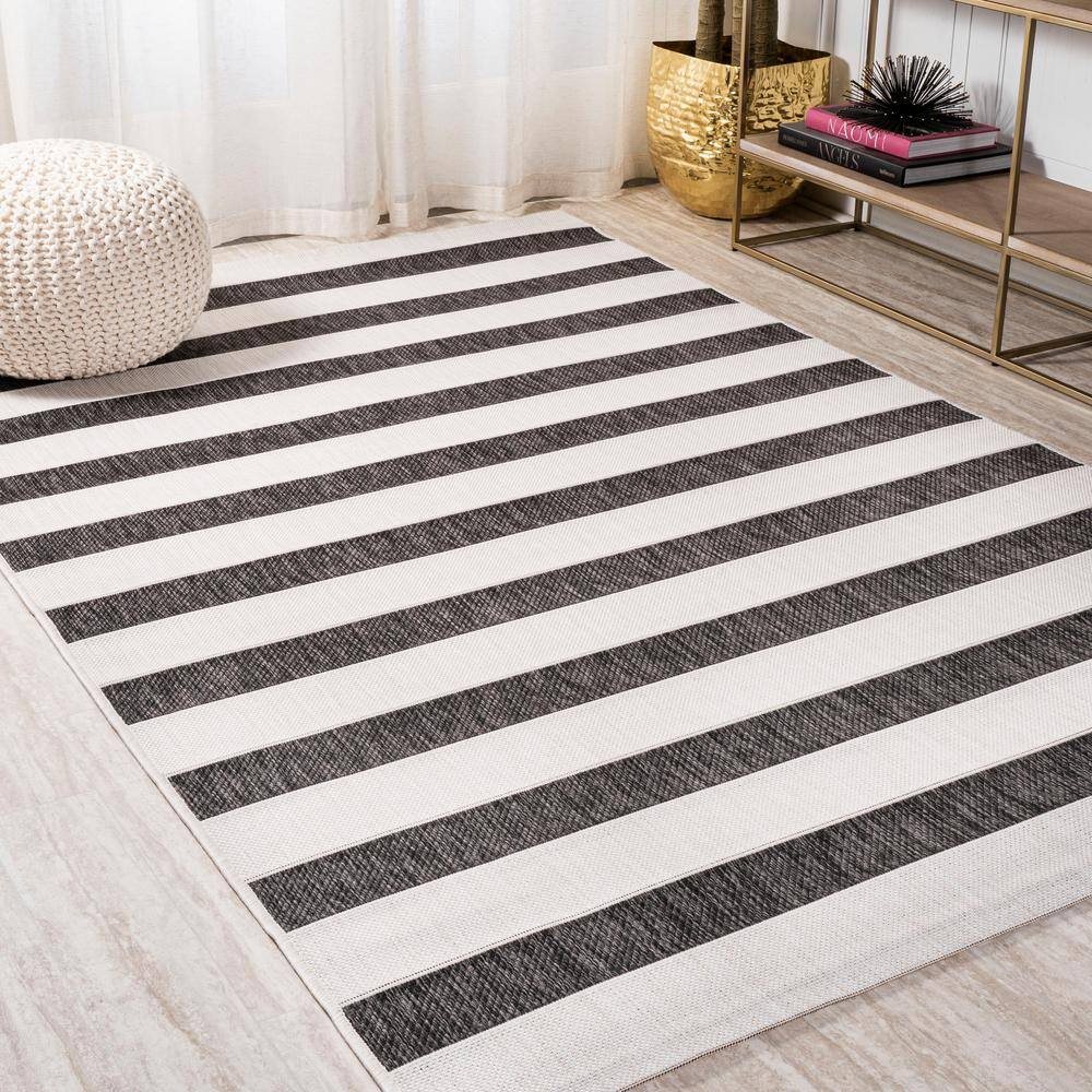 Classic Wide Stripe Black and Cream 8' x 10' Synthetic Area Rug
