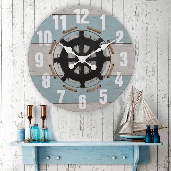La Crosse Clock 24 in. Blue Oversized Round Coastal Quartz Wall Clock