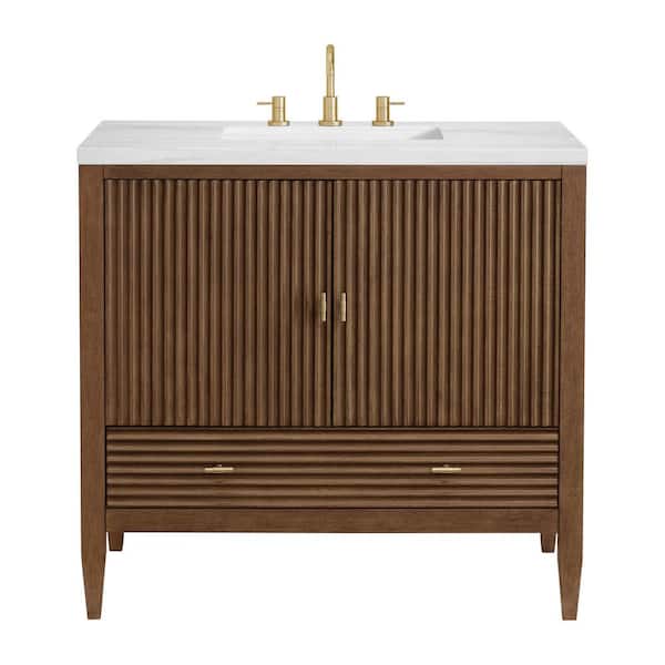 James Martin Vanities Myrrin 36.0 in. W x 23.5 in. D x 34.06 in. H Single Bathroom Vanity Mid-Century Walnut and Arctic Fall Solid Surface Top