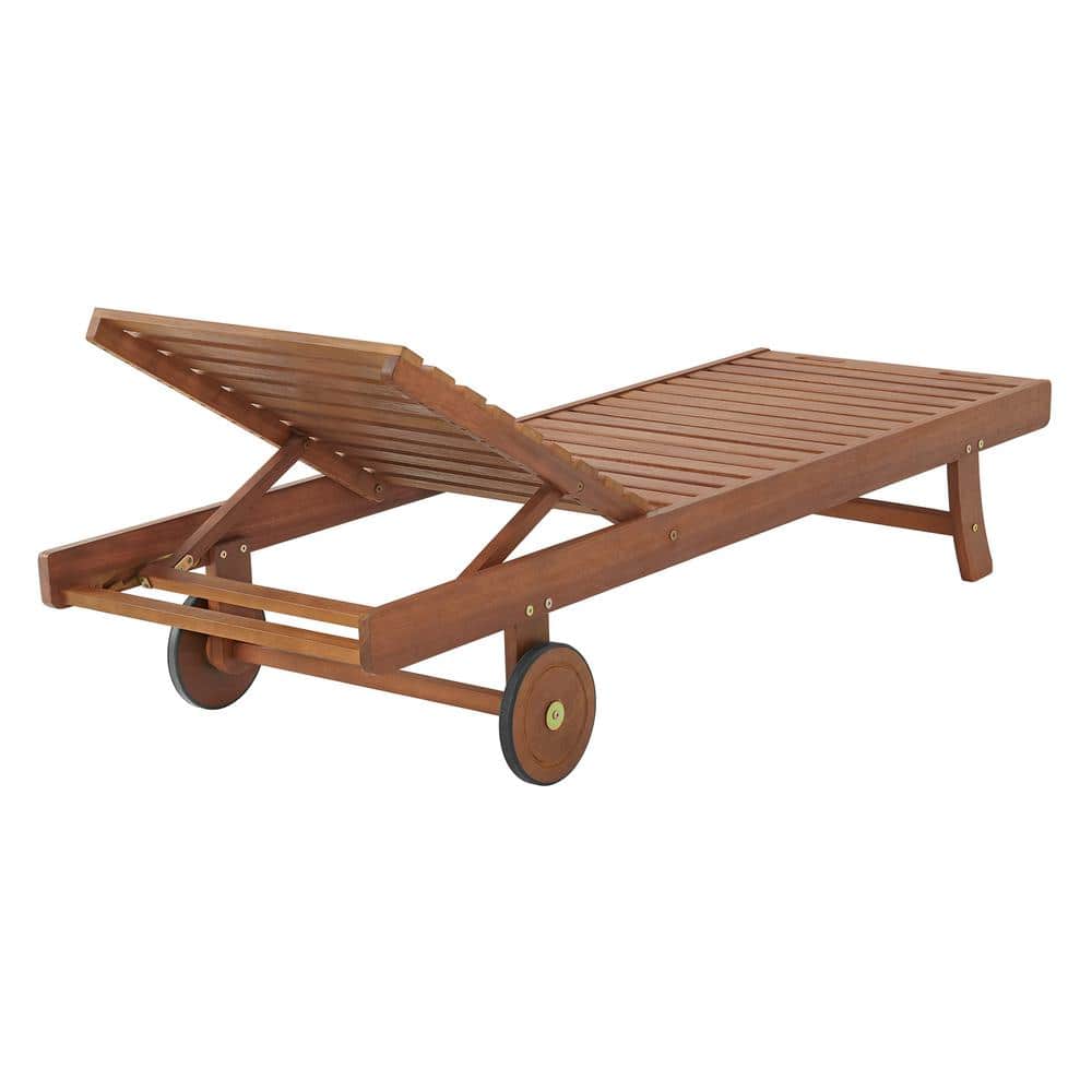 Three-quarter view of wooden outdoor lounge chair.