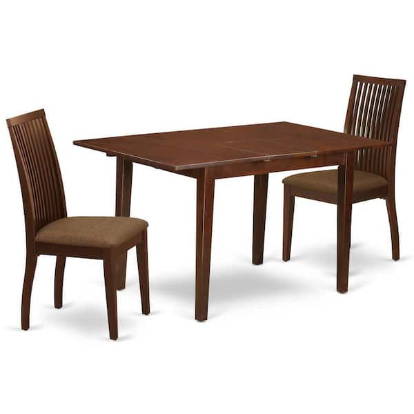East West Furniture 3-Piece Mahogany Finish Rectangular Solid Wood Top With Butterfly Leaf Dining Table Set