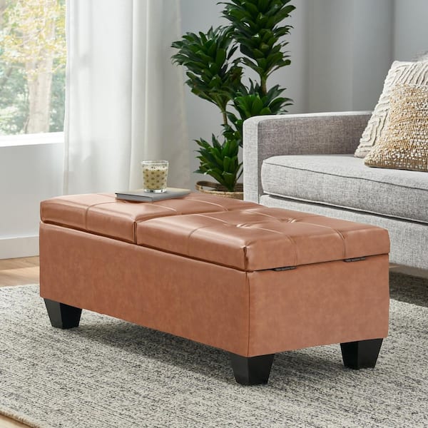 CHRISTOPHER KNIGHT HOME Merrill Cognac Brown PU Leather Upholstered Tufted Double Opening Storage Ottoman, Solid Wood Legs