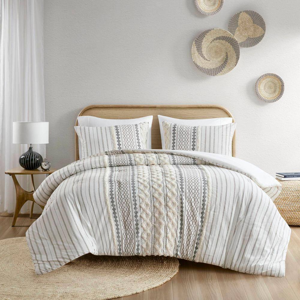 Ivory King Cotton Reversible Comforter Set with Chenille