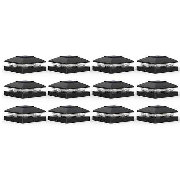 12-Pack IP64 Waterproof Solar Post Cap Lights for 4 x 4 Posts Warm White LED All-Night Lighting Easy Install Black
