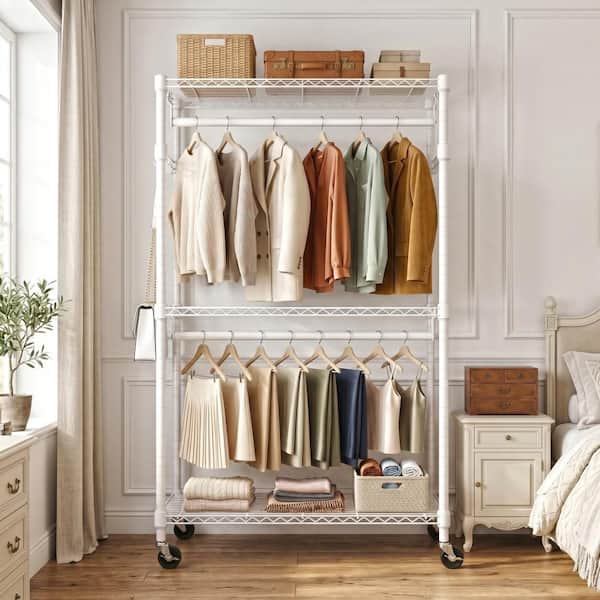 3-Tier Heavy Duty Rolling Garment Rack, Adjustable Wire Clothing Rack with 2 Hanging Rods, Side Hooks & Wheels in White