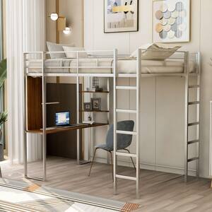 Silver Full Size Metal Loft Bed with 2-Shelves and 1-Desk -